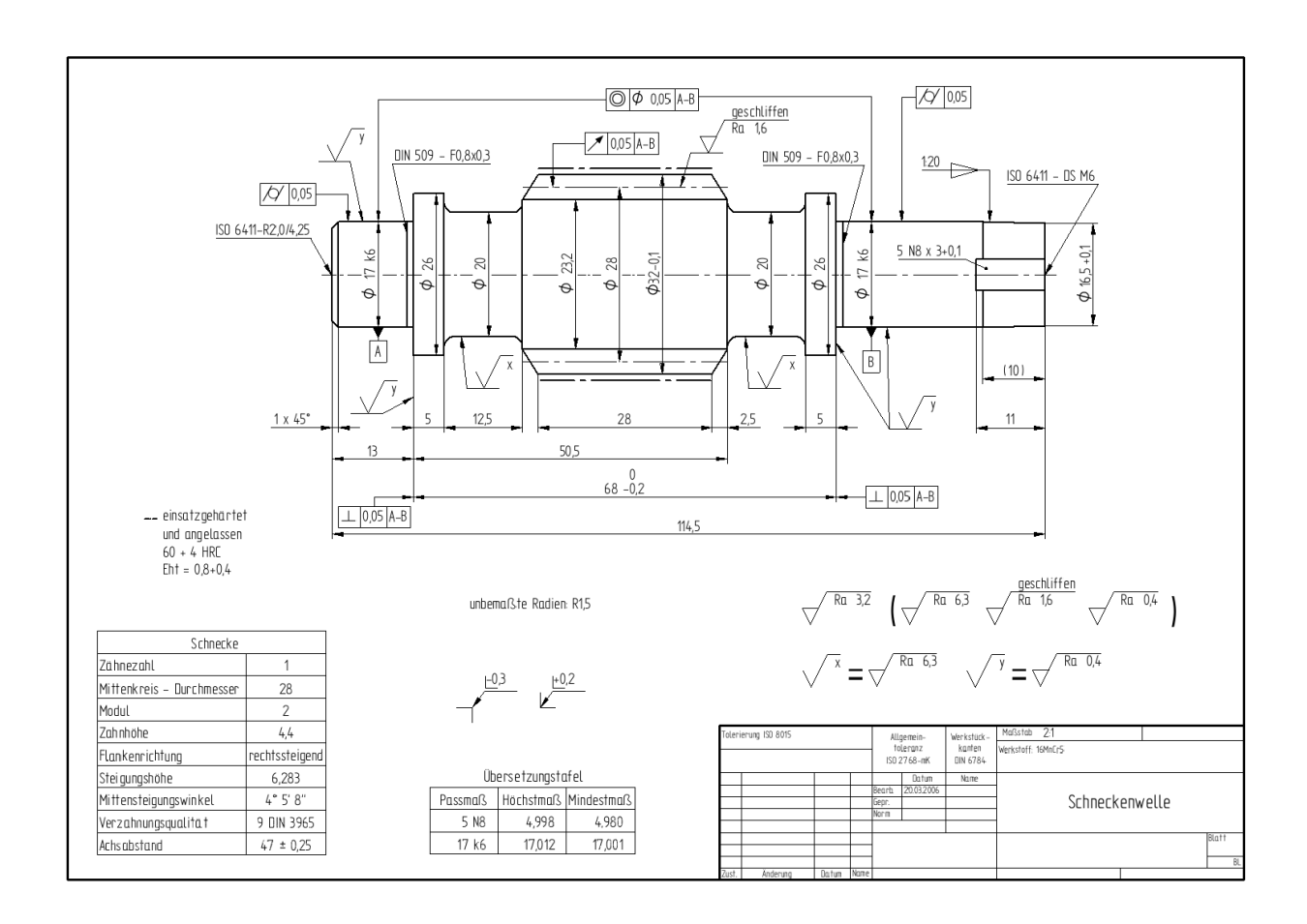 CAD technical drawing of a worm shaft, showing dimensions and tolerances