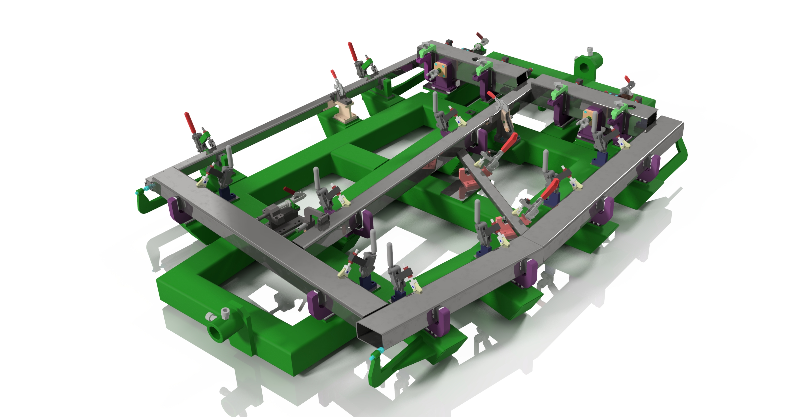 3D CAD render of a welding jig, with toggle clamps holding the workpiece in place